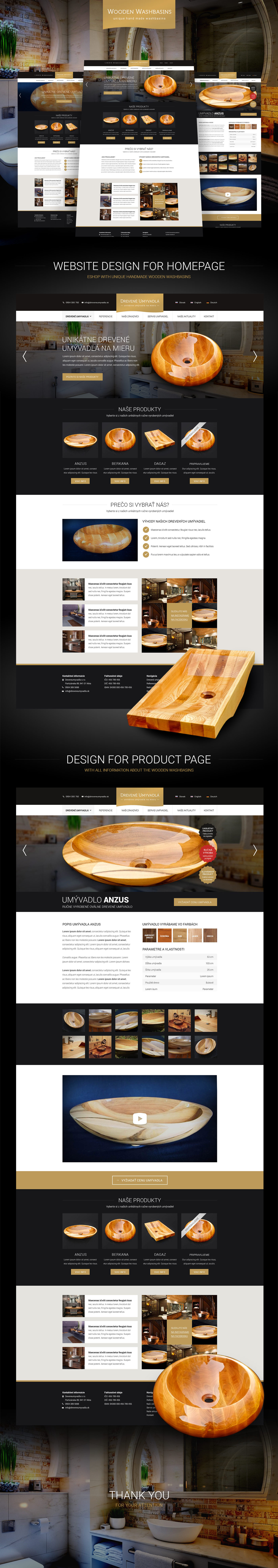 Moderný a štýlový webdizajn eshopu s ručne vyrobenými drevenými umývadlami.